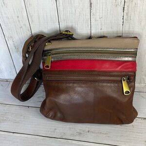 Fossil Brown/Red/Metallic Leather Explorer Crossbody Bag